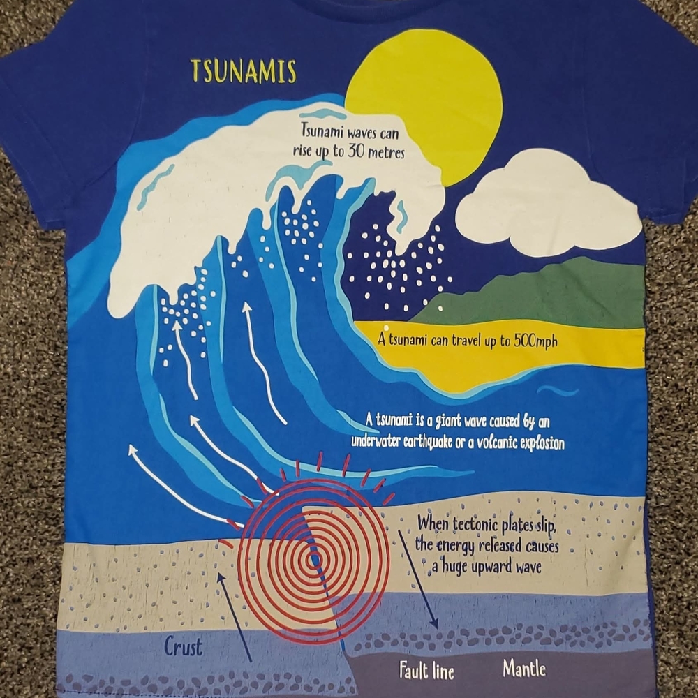 Mini Boden Sz 6/7 Tsunamis Graphic Tee in Royal Blue with Multicolor Wave Print